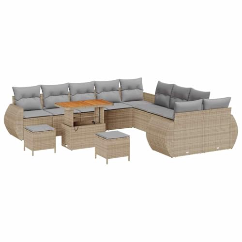 GFMGUEMV 13-teilig Poly-Rattan Lounge Set Beige mit Akazienholz-Tisch