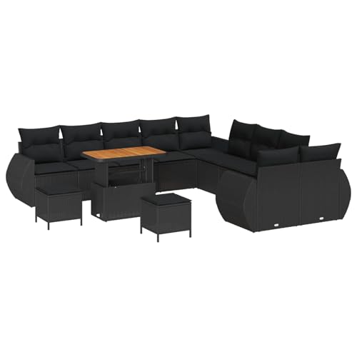GFMGUEMV 13-teilig Poly-Rattan Lounge Set Beige mit Akazienholz-Tisch