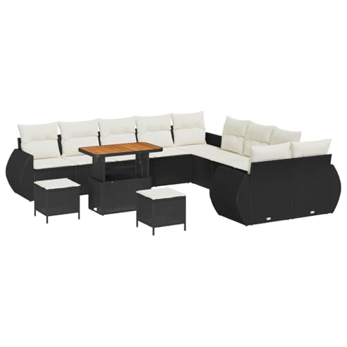 GFMGUEMV 13-teilig Poly-Rattan Lounge Set Beige mit Akazienholz-Tisch