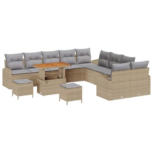GFMGUEMV Modulares Rattan Sofa-Set 14-teilig Grau Mit Höhenverstellbarem Tisch
