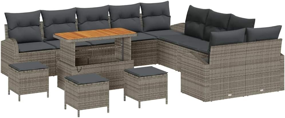 GFMGUEMV Modulares Rattan Sofa-Set 14-teilig Grau Mit Höhenverstellbarem Tisch
