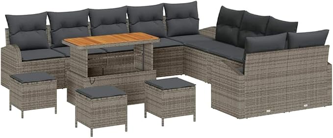 GFMGUEMV Modulares Rattan Sofa-Set 14-teilig Grau Mit Höhenverstellbarem Tisch