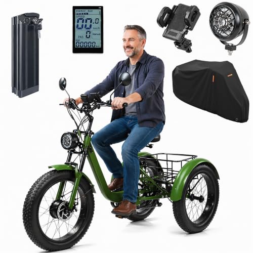ZRLYbau Elektro Dreirad Für Erwachsene 24 Zoll 7 Gang Fat Tire E-Bike Grün