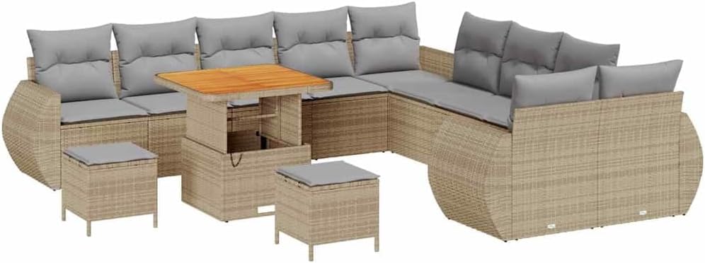 GFMGUEMV 13-teilig Poly-Rattan Lounge Set Beige mit Akazienholz-Tisch