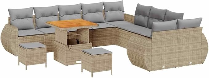 GFMGUEMV 13-teilig Poly-Rattan Lounge Set Beige mit Akazienholz-Tisch