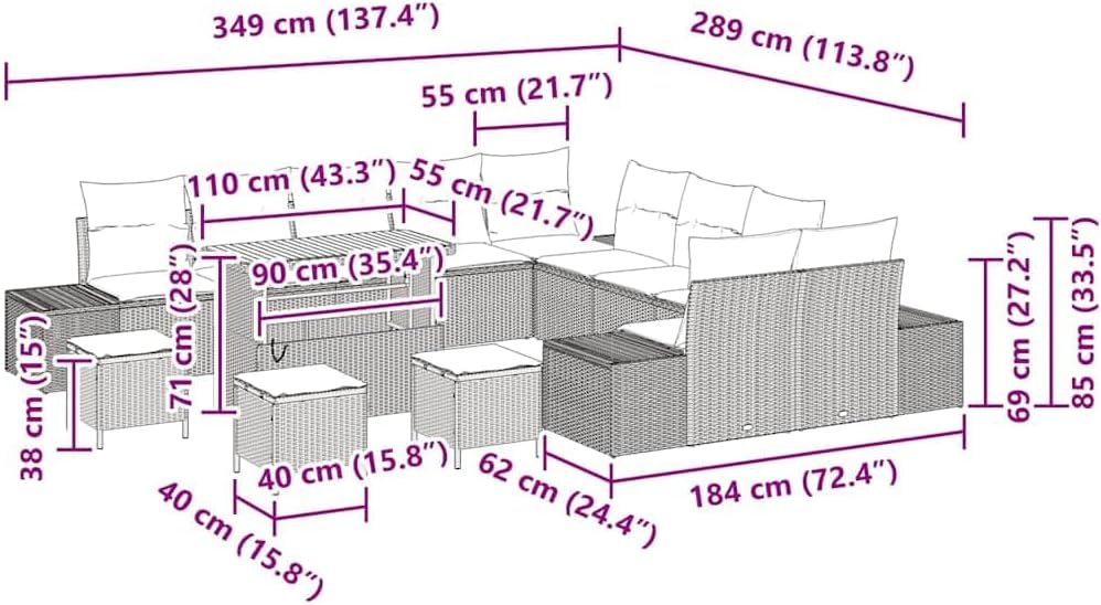 GFMGUEMV Gartenmöbel Set 14-Teilig Poly-Rattan Grau 110 Cm Tisch