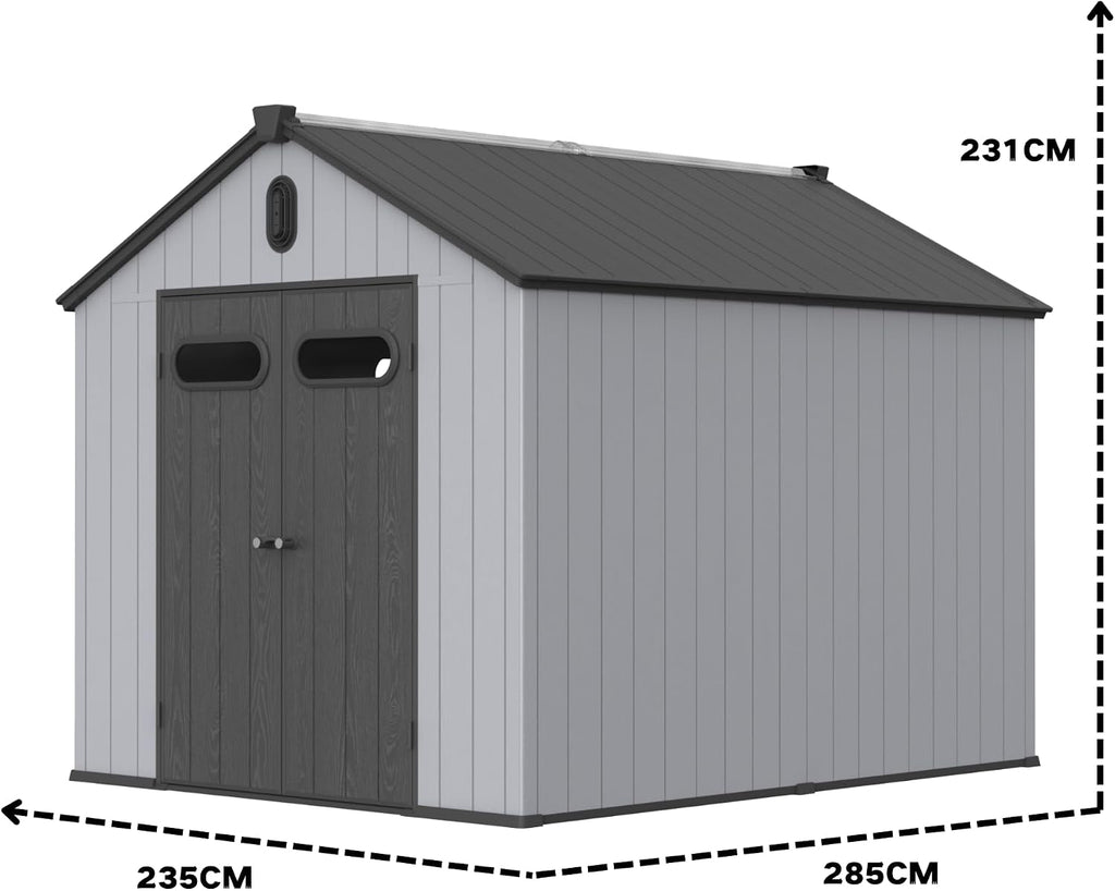 Hmluxury Harzplastik-Lagerhaus 8x10ft Geräteschuppen Spitzdach Grau-Weiß