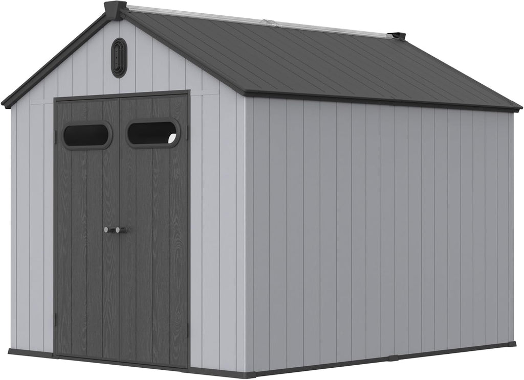 Hmluxury Harzplastik-Lagerhaus 8x10ft Geräteschuppen Spitzdach Grau-Weiß