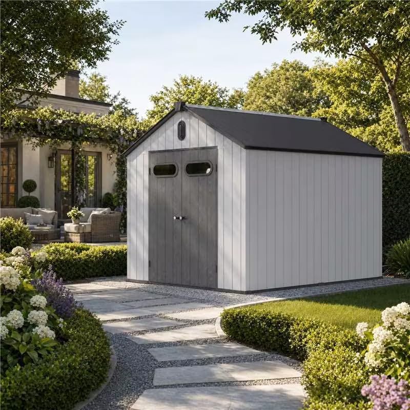 Hmluxury Harzplastik-Lagerhaus 8x10ft Geräteschuppen Spitzdach Grau-Weiß