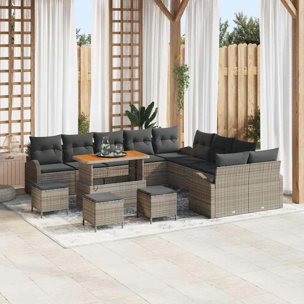 GFMGUEMV Modulares Rattan Sofa-Set 14-teilig Grau Mit Höhenverstellbarem Tisch