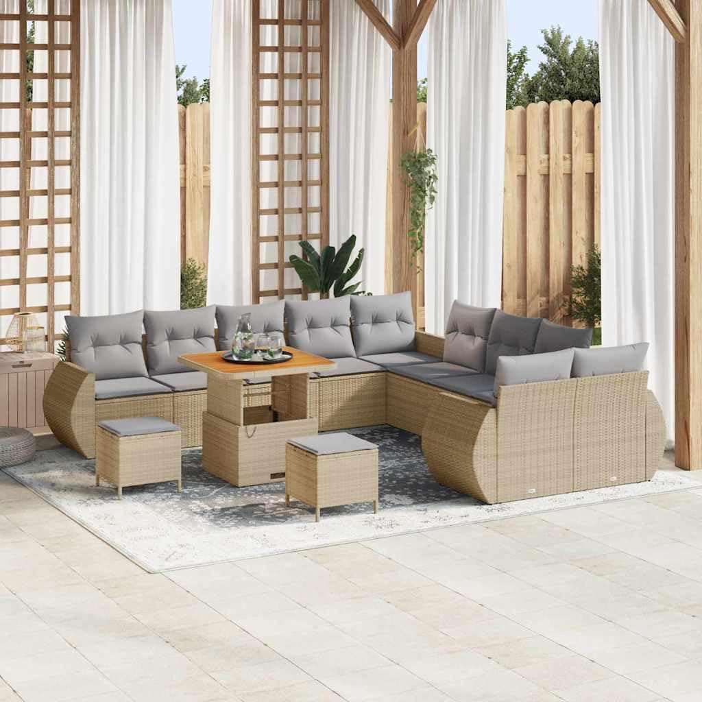 GFMGUEMV 13-teilig Poly-Rattan Lounge Set Beige mit Akazienholz-Tisch