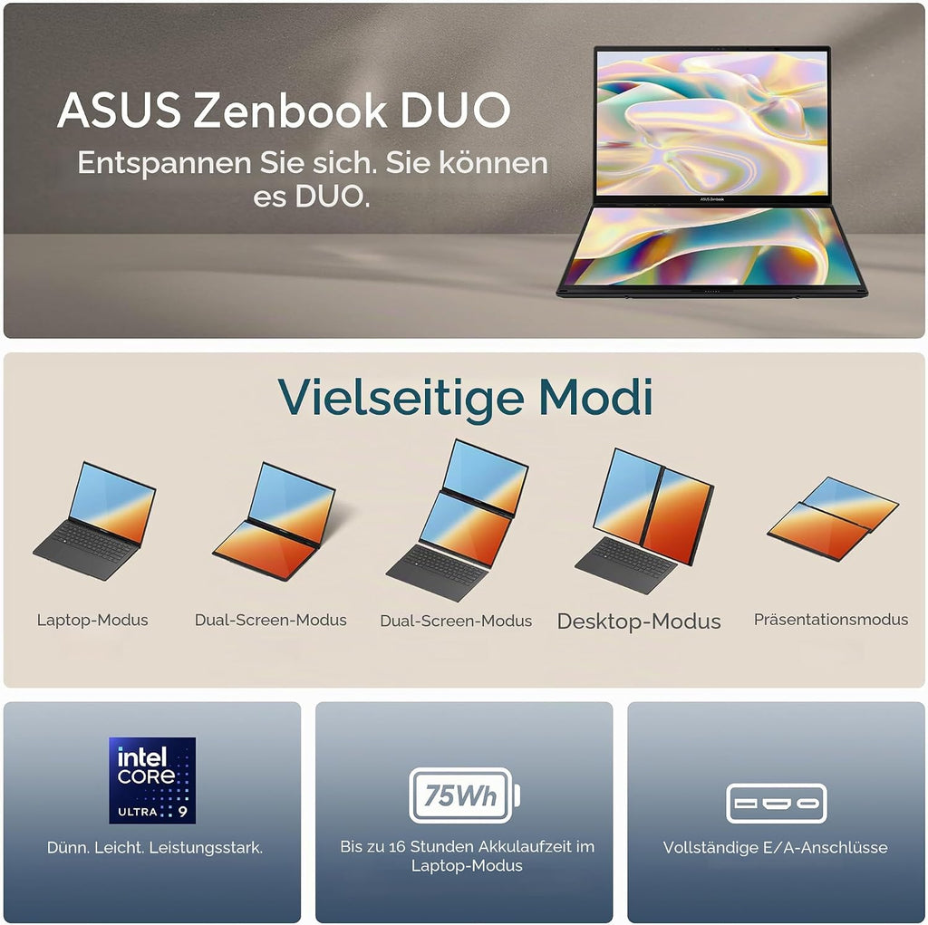 ASUS Zenbook Duo UX8406CA-PS99T 14 Zoll OLED 3K 120Hz Dual Touch Laptop Intel Core Ultra 9 32GB RAM 1TB SSD Grau