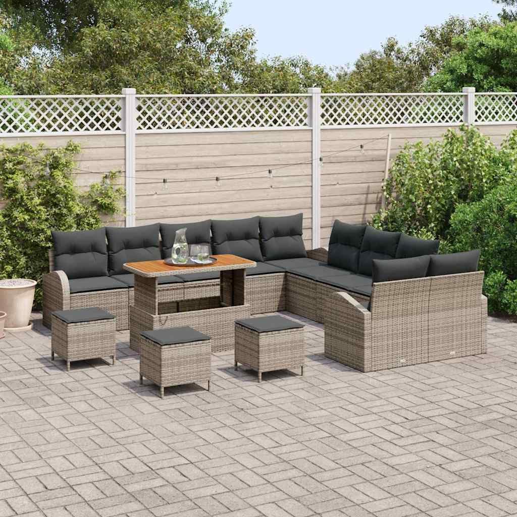 GFMGUEMV Modulares Rattan Sofa-Set 14-teilig Grau Mit Höhenverstellbarem Tisch