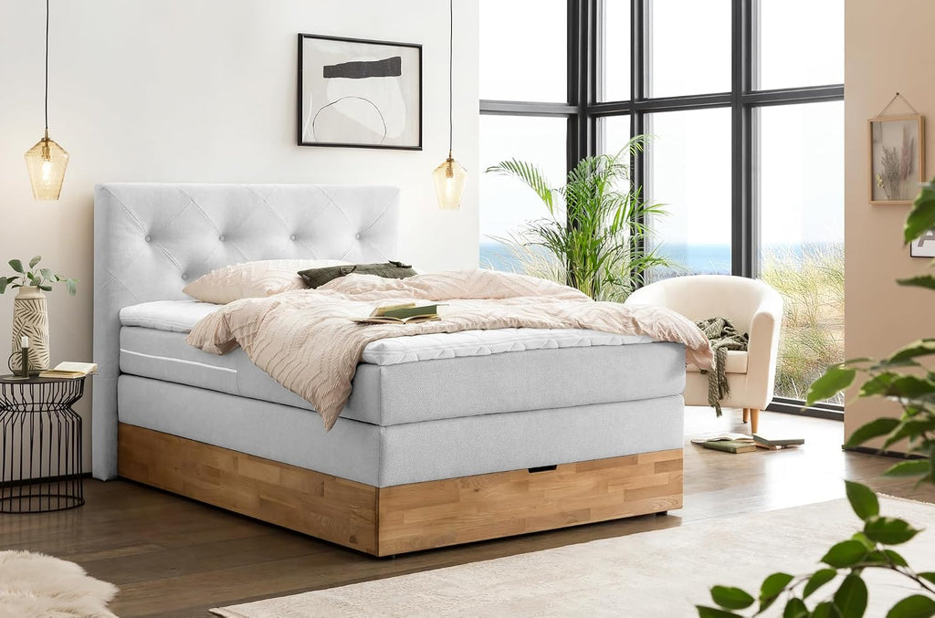 Belanoti Marbo Boxspringbett 140x200 Mit Bettkasten 7-Zonen Taschenfederkern Matratze Visco Topper Weißgrau H2/H3