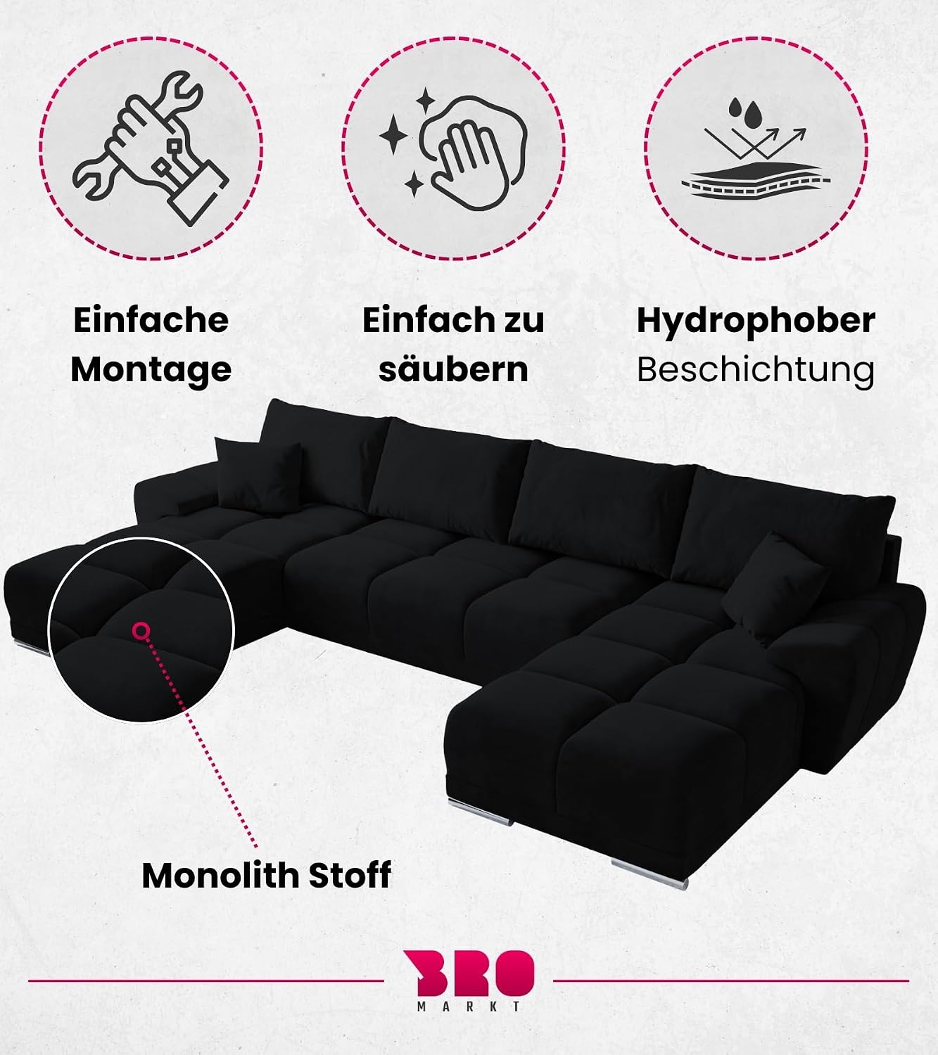 BROMARKT NUBES U Ecksofa mit Schlaffunktion und Bettkasten 372x184x85 cm Graphit