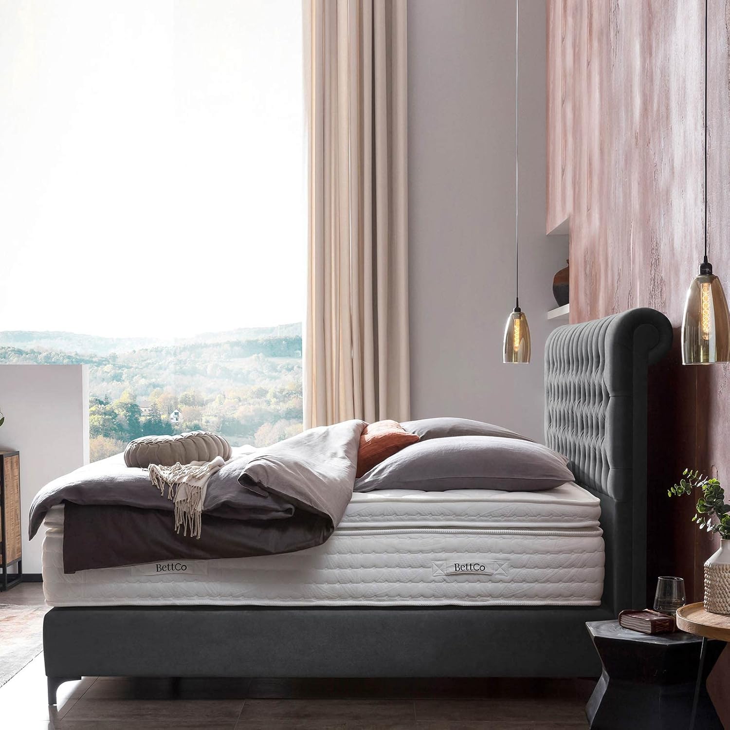 BettCo Chester Velours Boxspringbett 180x200 Dunkelgrau