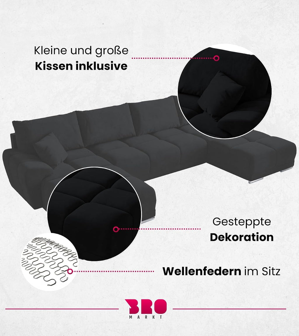 BROMARKT NUBES U Ecksofa mit Schlaffunktion und Bettkasten 372x184x85 cm Graphit