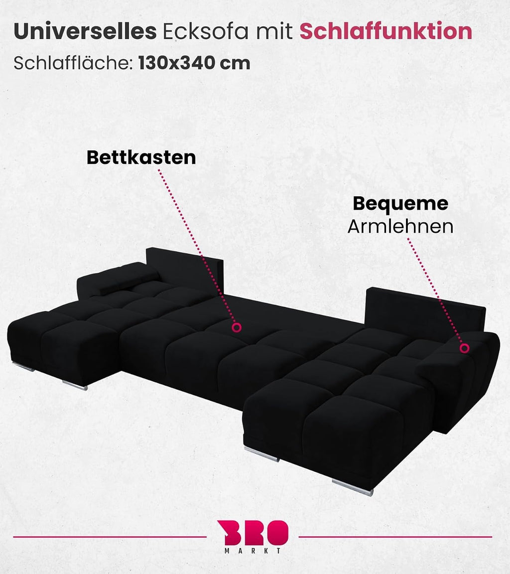 BROMARKT NUBES U Ecksofa mit Schlaffunktion und Bettkasten 372x184x85 cm Graphit