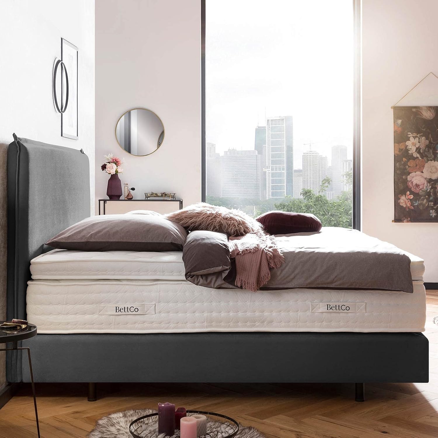 BettCo Boxspringbett London Samt Dunkelgrau 180x200 cm Ohne Topper 7-Zonen Taschenfederkern