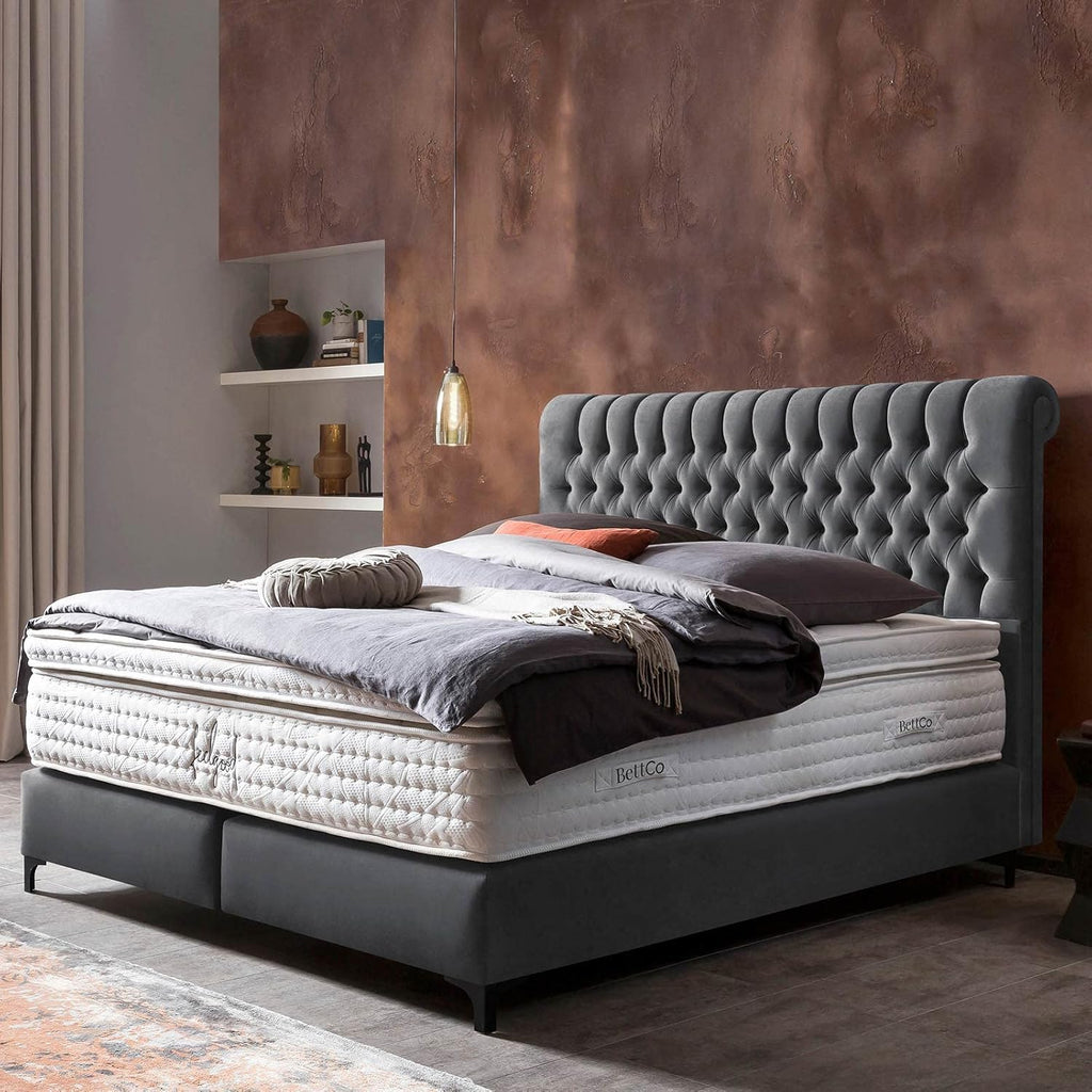 BettCo Chester Velours Boxspringbett 180x200 Dunkelgrau