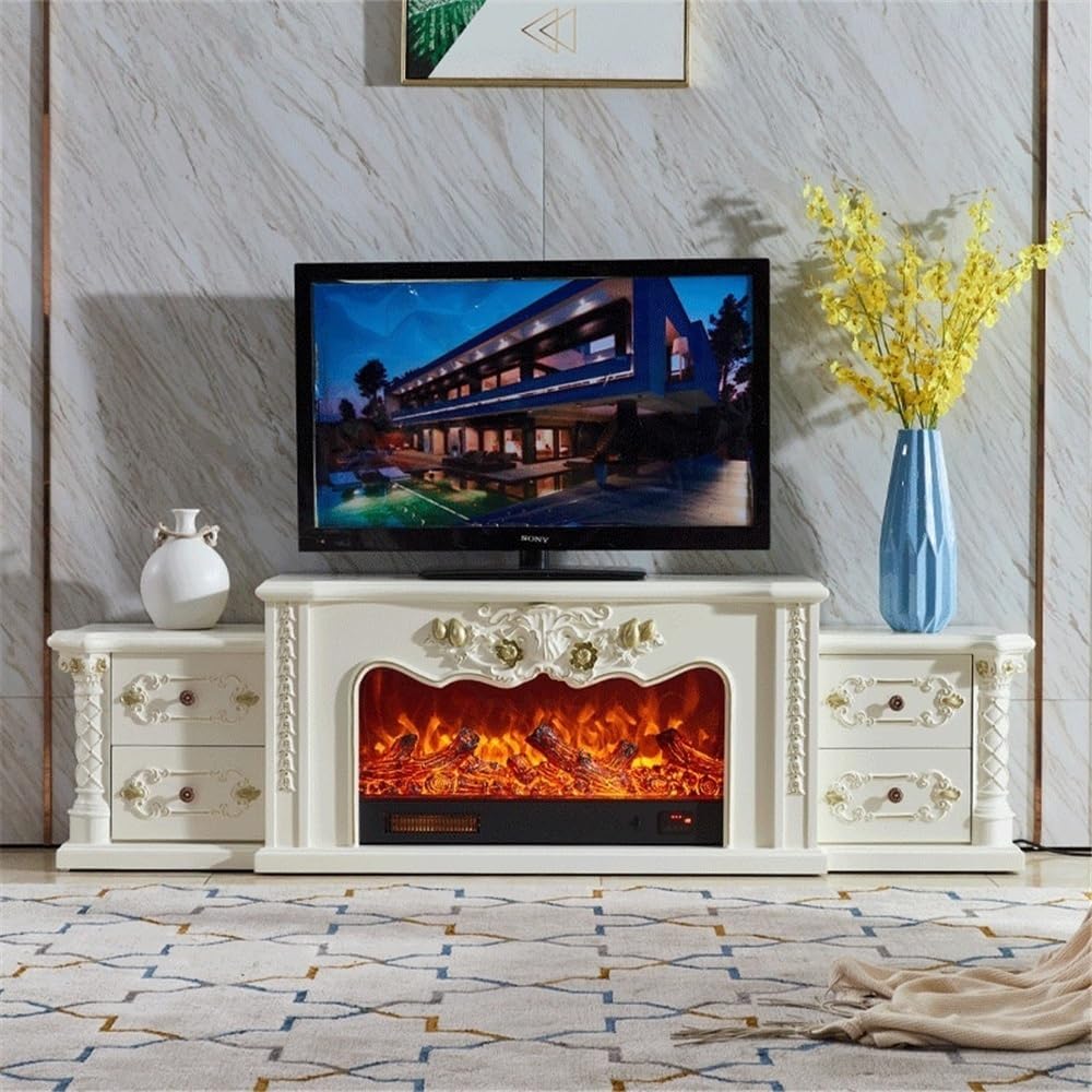 80 Zoll Elfenbeinfarbener TV-Ständer Mit Elektrischem Kaminofen Extra Groß