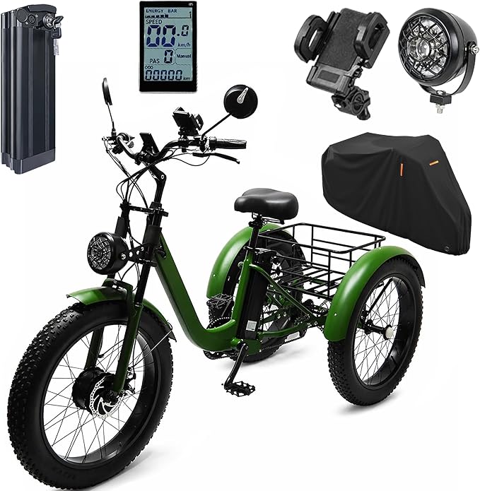 ZRLYbau Elektro Dreirad Für Erwachsene 24 Zoll 7 Gang Fat Tire E-Trike Mit Korb Grün