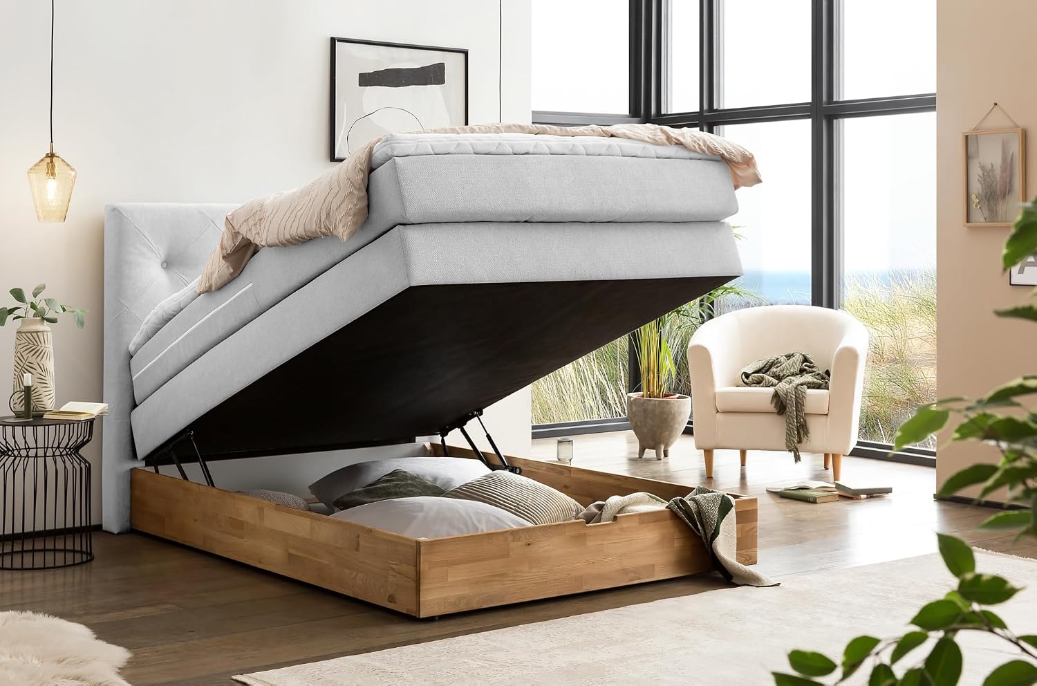 Belanoti Marbo Boxspringbett 140x200 Mit Bettkasten 7-Zonen Taschenfederkern Matratze Visco Topper Weißgrau H2/H3