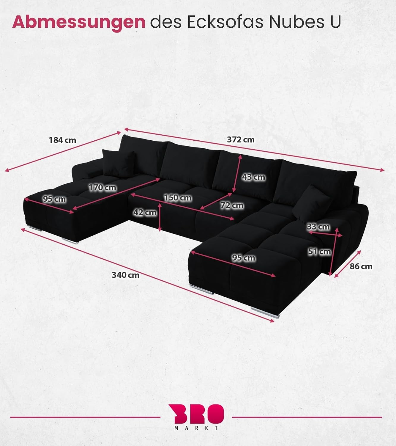 BROMARKT NUBES U Ecksofa mit Schlaffunktion und Bettkasten 372x184x85 cm Graphit