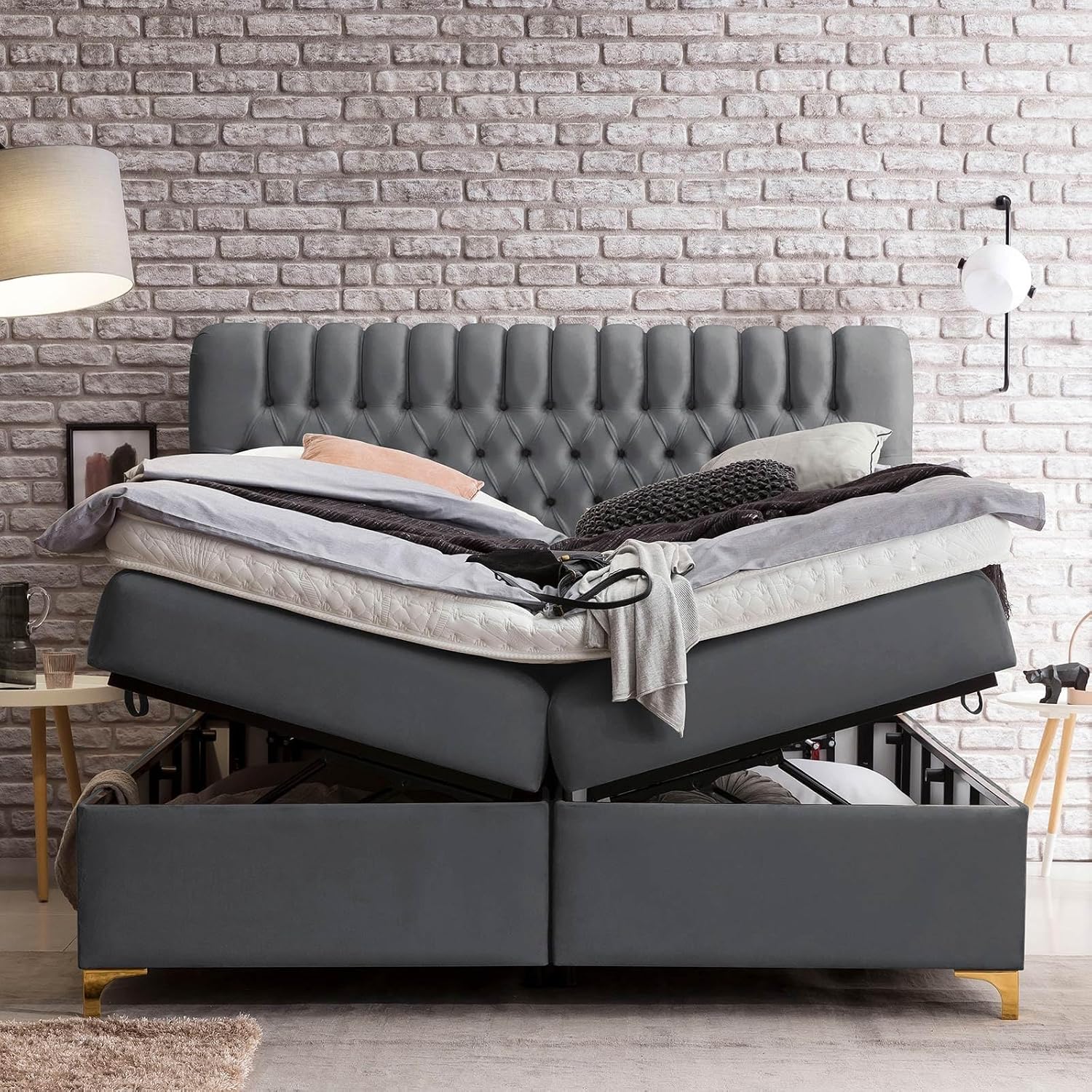 Bettco Boxspringbett Mit Bettkasten Dunkelgrau 140x200 Cm Ohne Topper