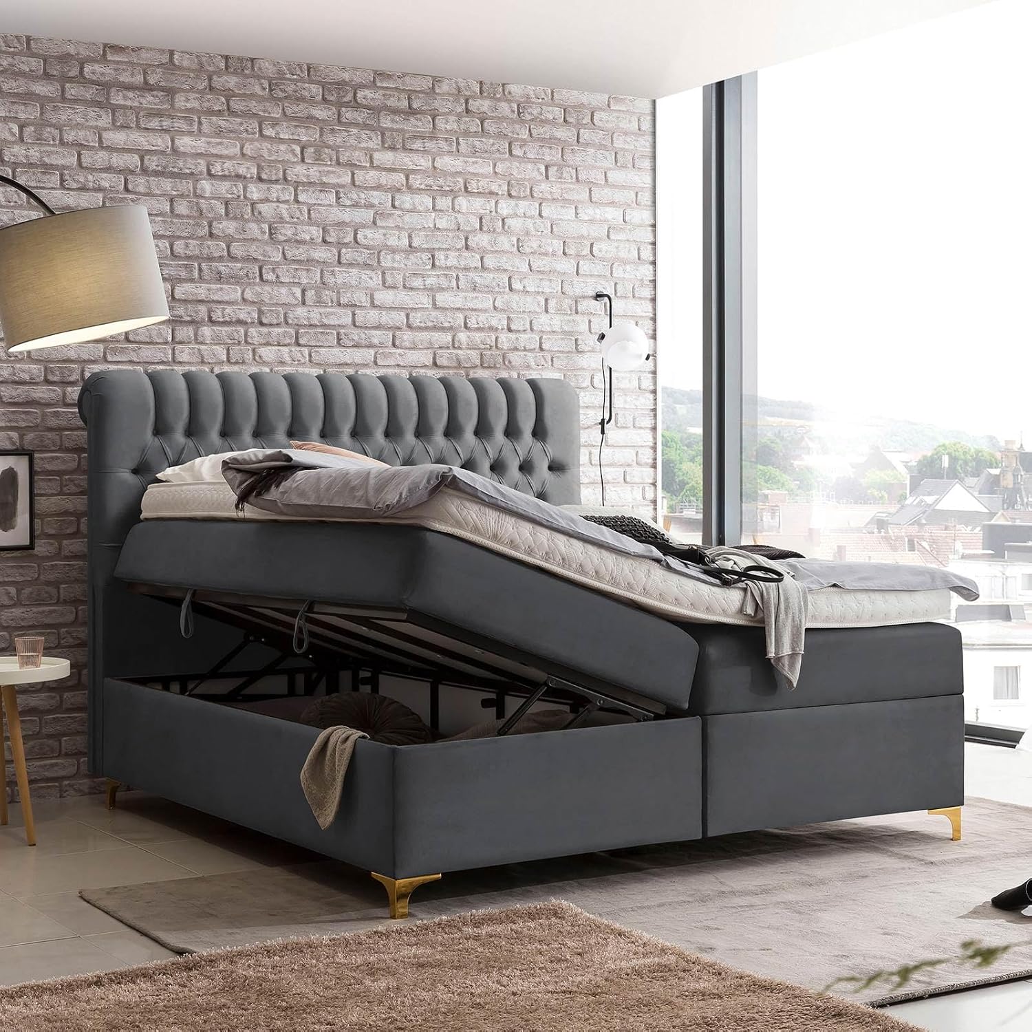 Bettco Boxspringbett Mit Bettkasten Dunkelgrau 140x200 Cm Ohne Topper