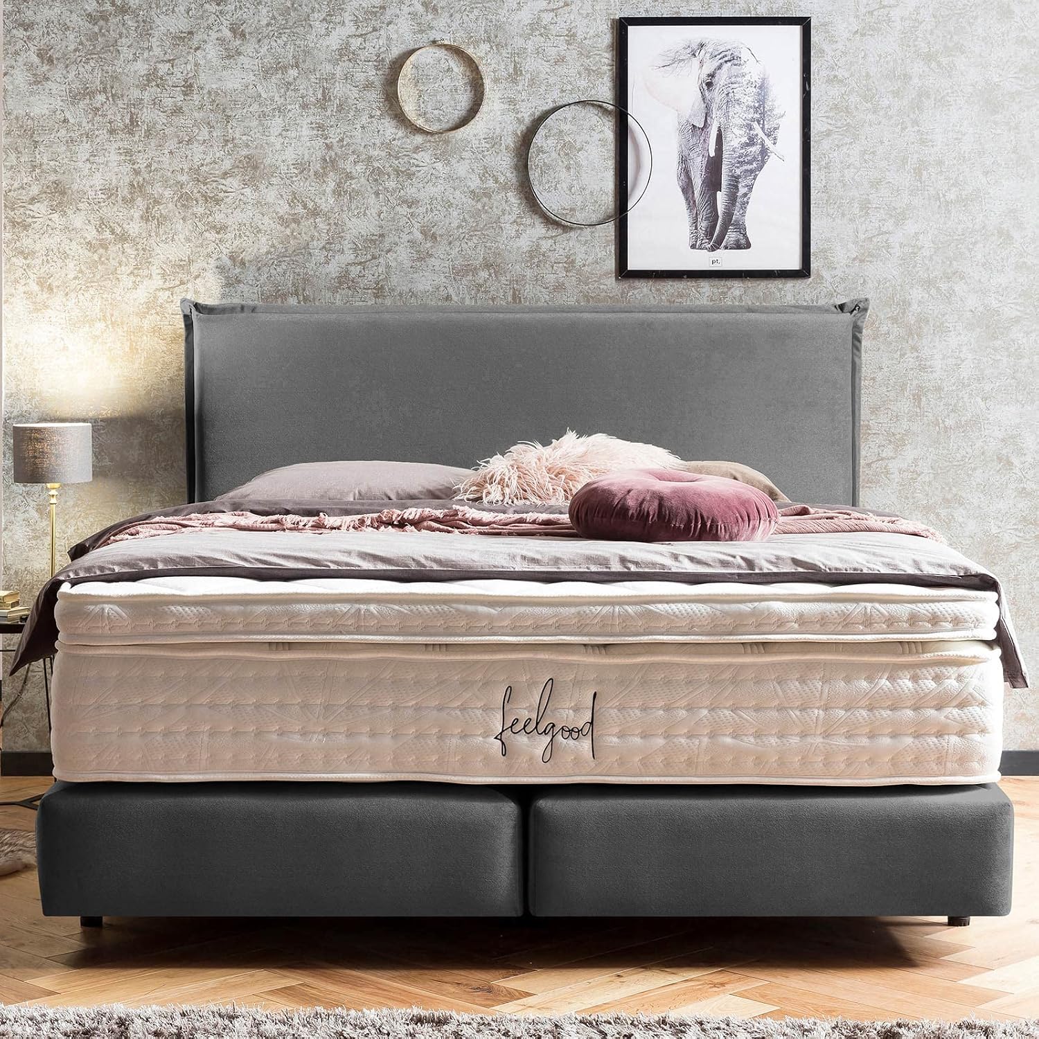 BettCo Boxspringbett London Samt Dunkelgrau 180x200 cm Ohne Topper 7-Zonen Taschenfederkern