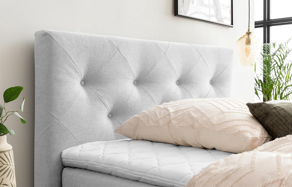 Belanoti Marbo Boxspringbett 140x200 Mit Bettkasten 7-Zonen Taschenfederkern Matratze Visco Topper Weißgrau H2/H3