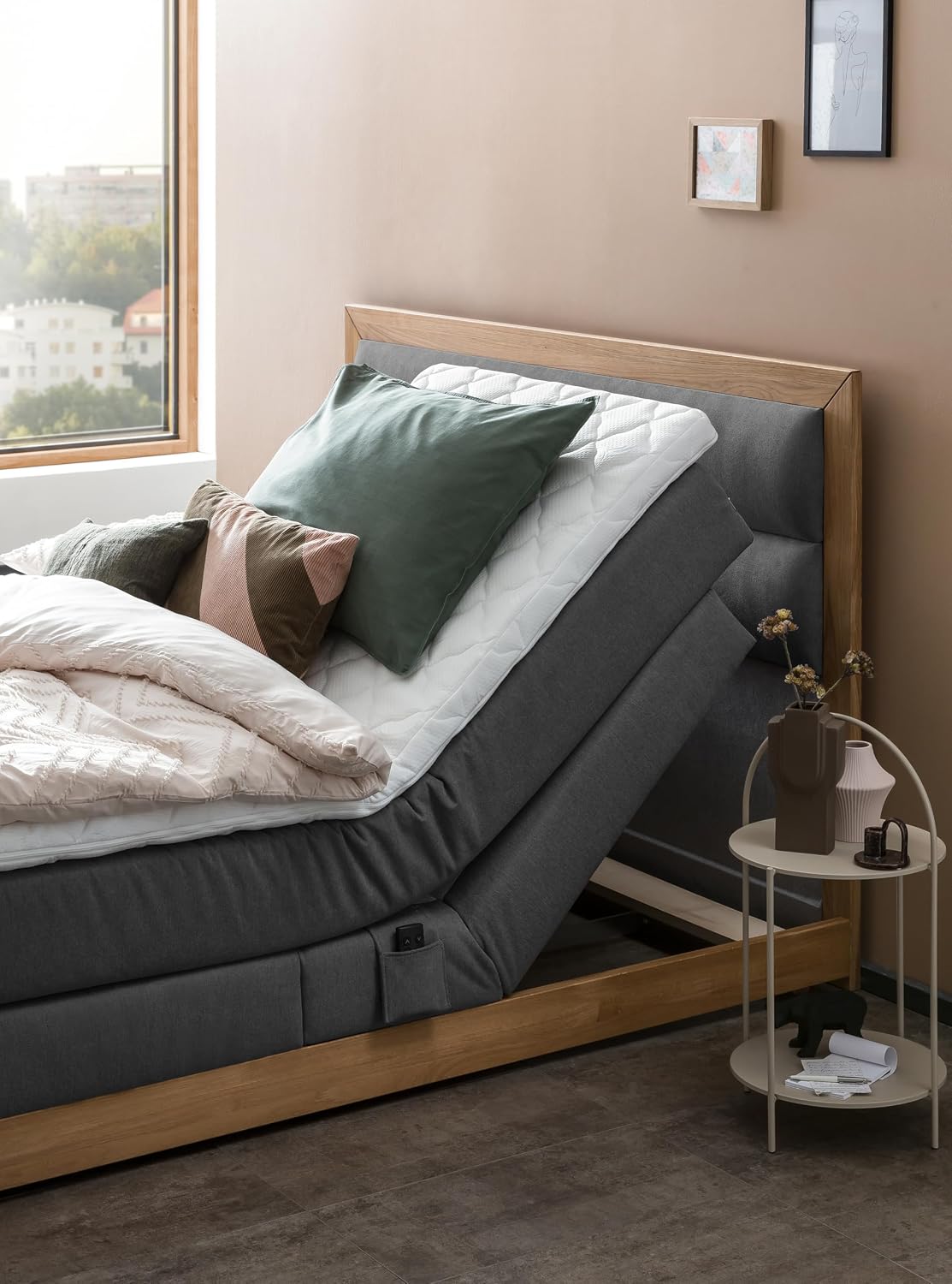 Belanoti MODELA Boxspringbett 160x200 Elektrisch Verstellbar 7-Zonen Taschenfederkern Matratze Inkl Visco Topper Motor Anthrazit H2/H3
