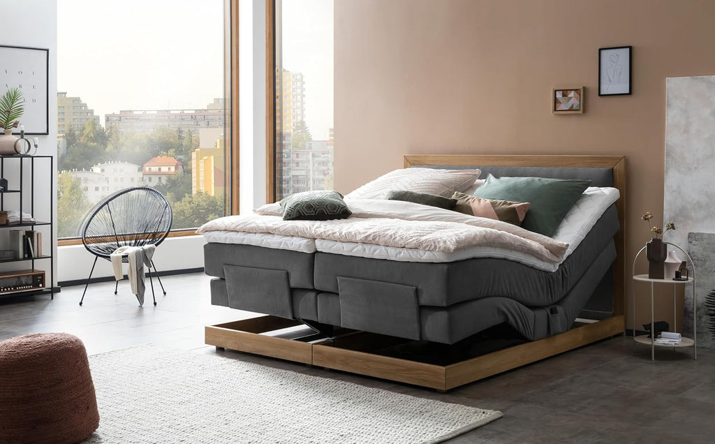 Belanoti MODELA Boxspringbett 160x200 Elektrisch Verstellbar 7-Zonen Taschenfederkern Matratze Inkl Visco Topper Motor Anthrazit H2/H3