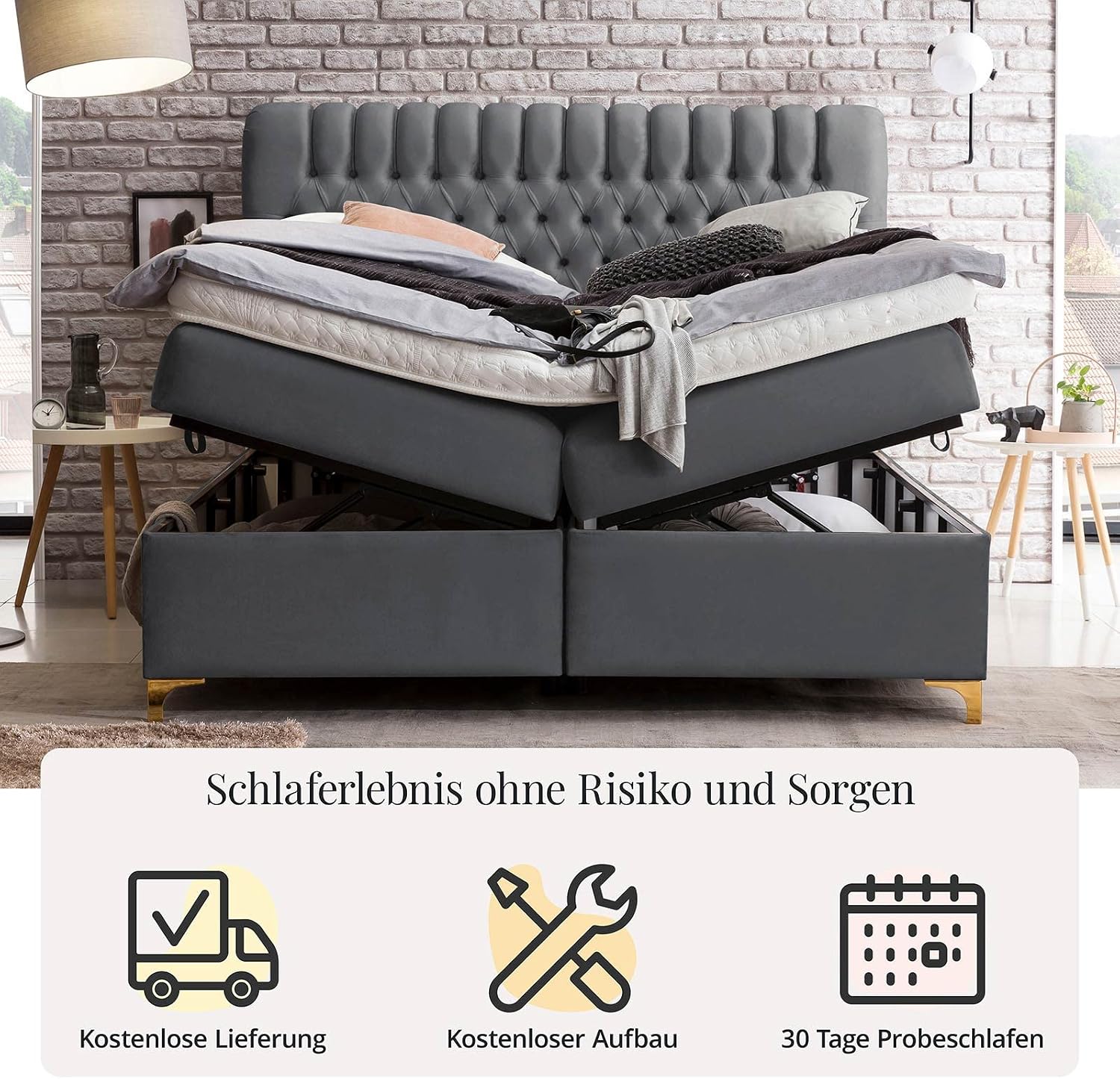 Bettco Boxspringbett Mit Bettkasten Dunkelgrau 140x200 Cm Ohne Topper