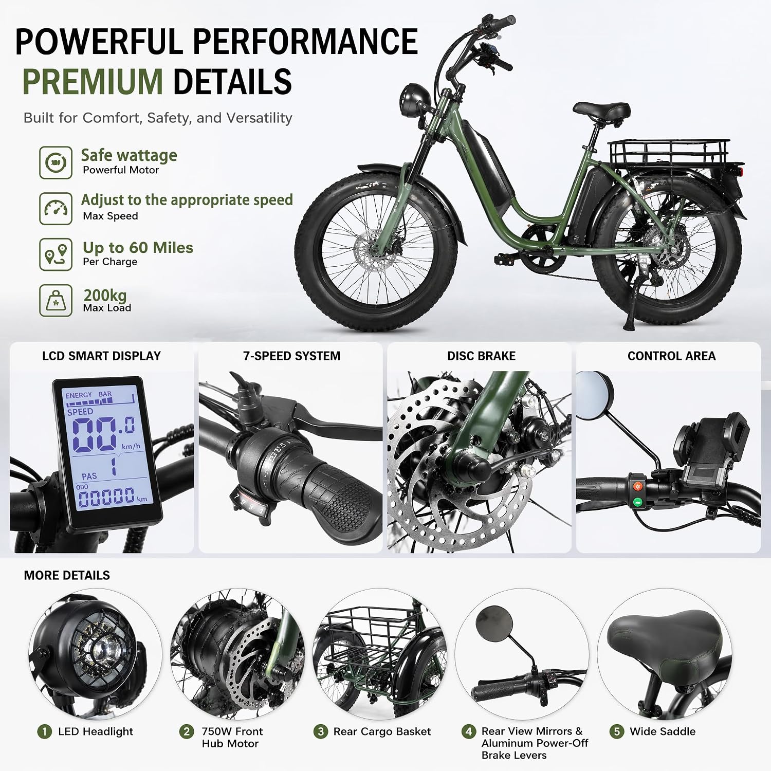 ZRLYbau Elektro Dreirad Für Erwachsene 24 Zoll 7 Gang Fat Tire E-Bike Grün