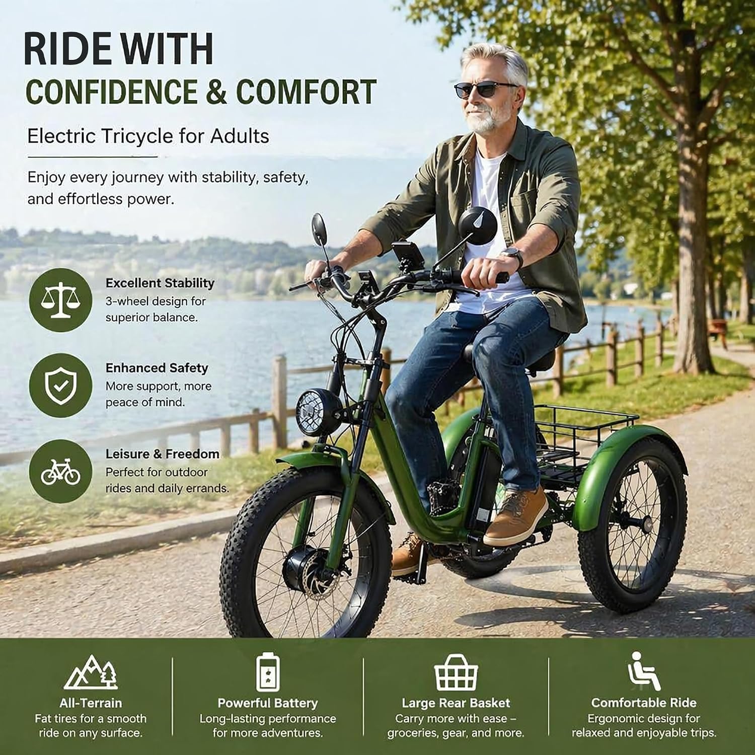 ZRLYbau Elektro Dreirad Für Erwachsene 24 Zoll 7 Gang Fat Tire E-Bike Grün