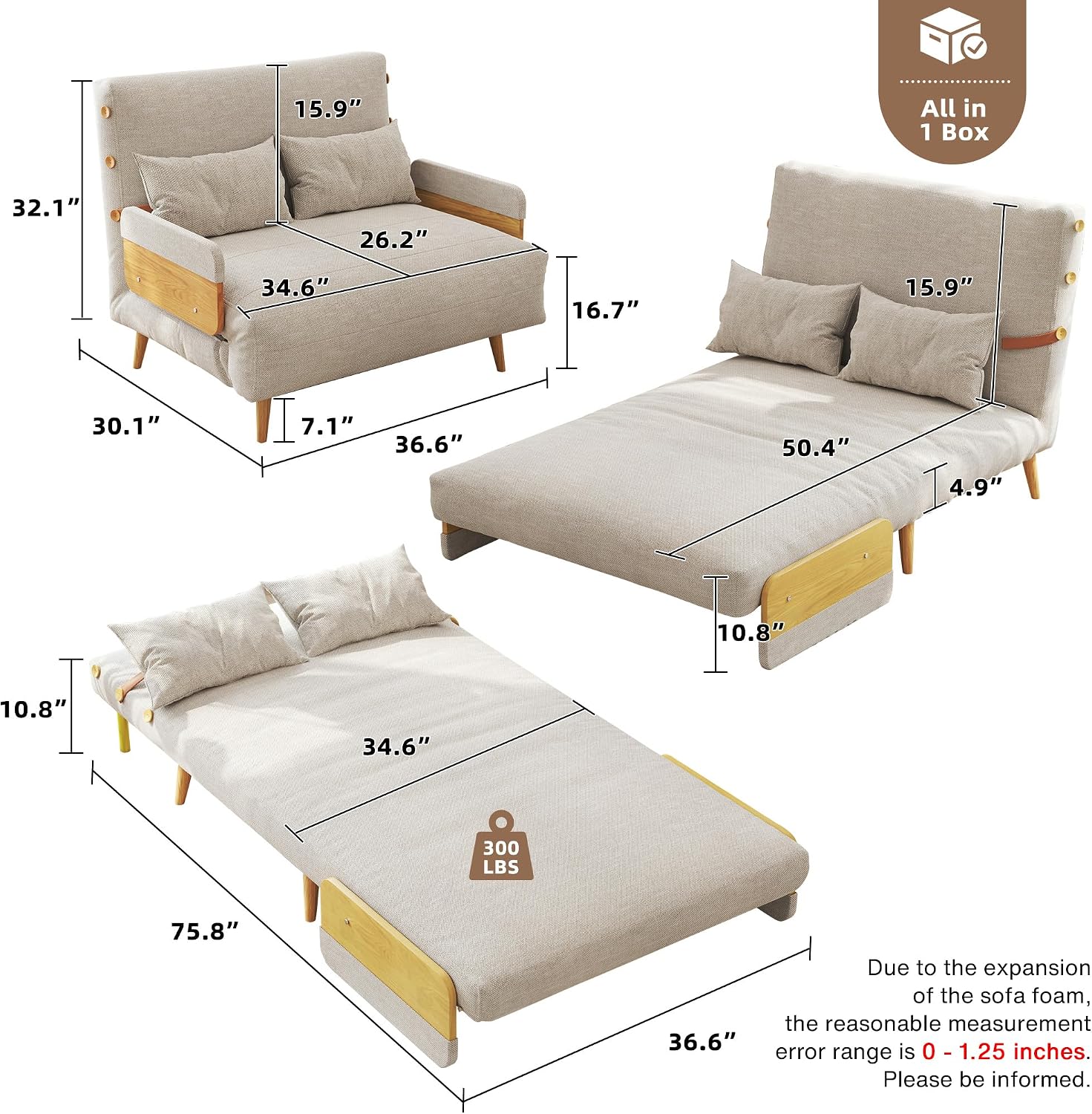 JASIWAY Umwandelbarer Stuhl 3-in-1-Futon-Sofa Bett Beige 80 cm