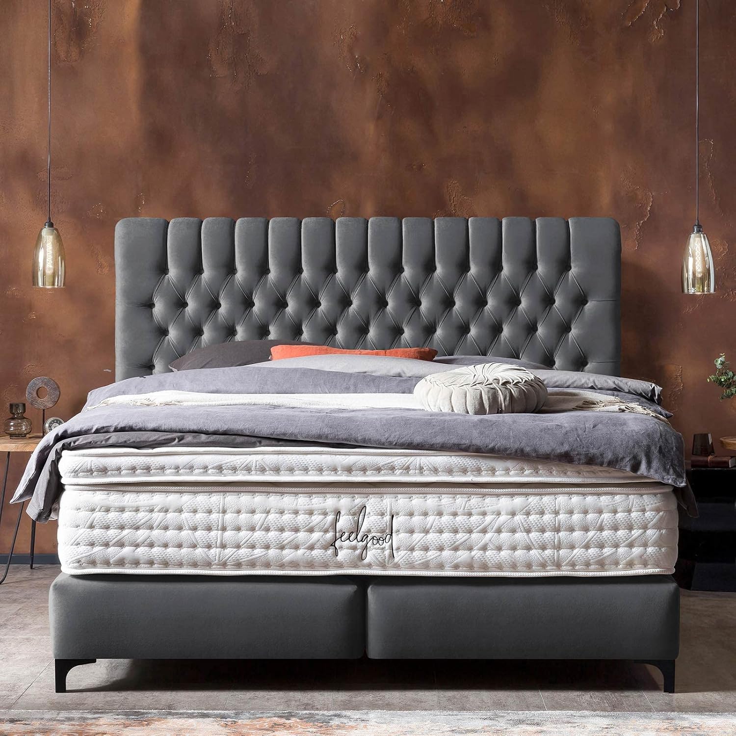 BettCo Chester Velours Boxspringbett 180x200 Dunkelgrau