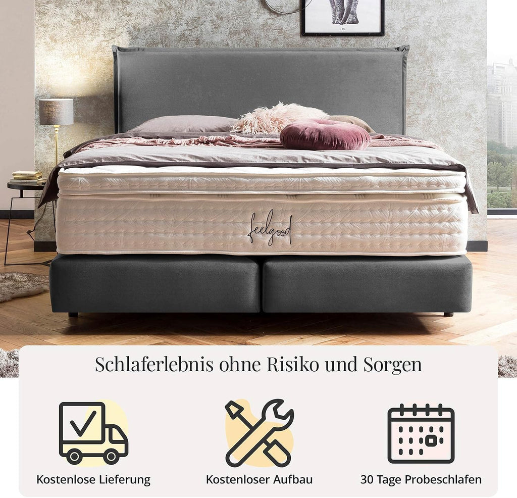 BettCo Boxspringbett London Samt Dunkelgrau 180x200 cm Ohne Topper 7-Zonen Taschenfederkern