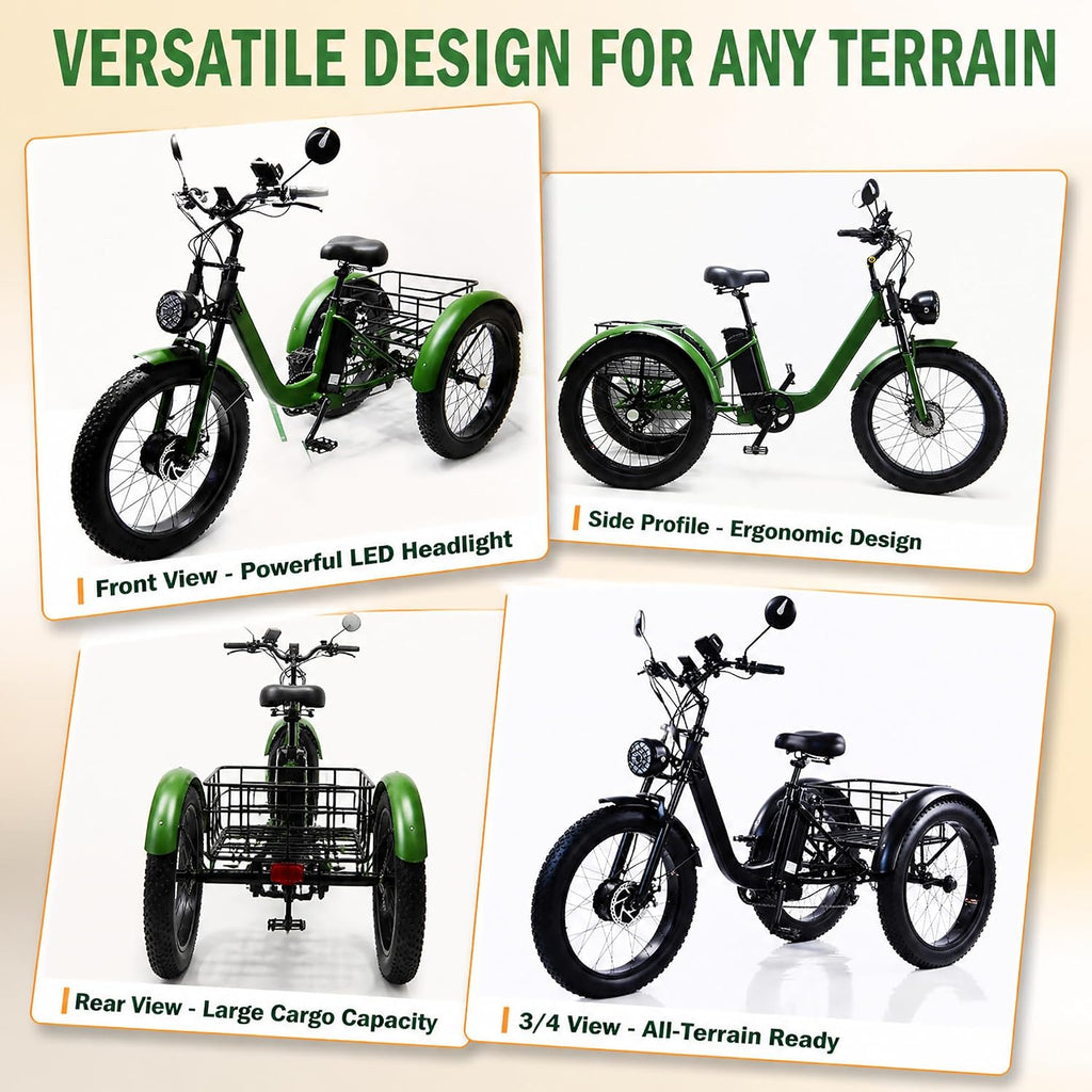 ZRLYbau Elektro Dreirad Für Erwachsene 24 Zoll 7 Gang Fat Tire E-Bike Grün