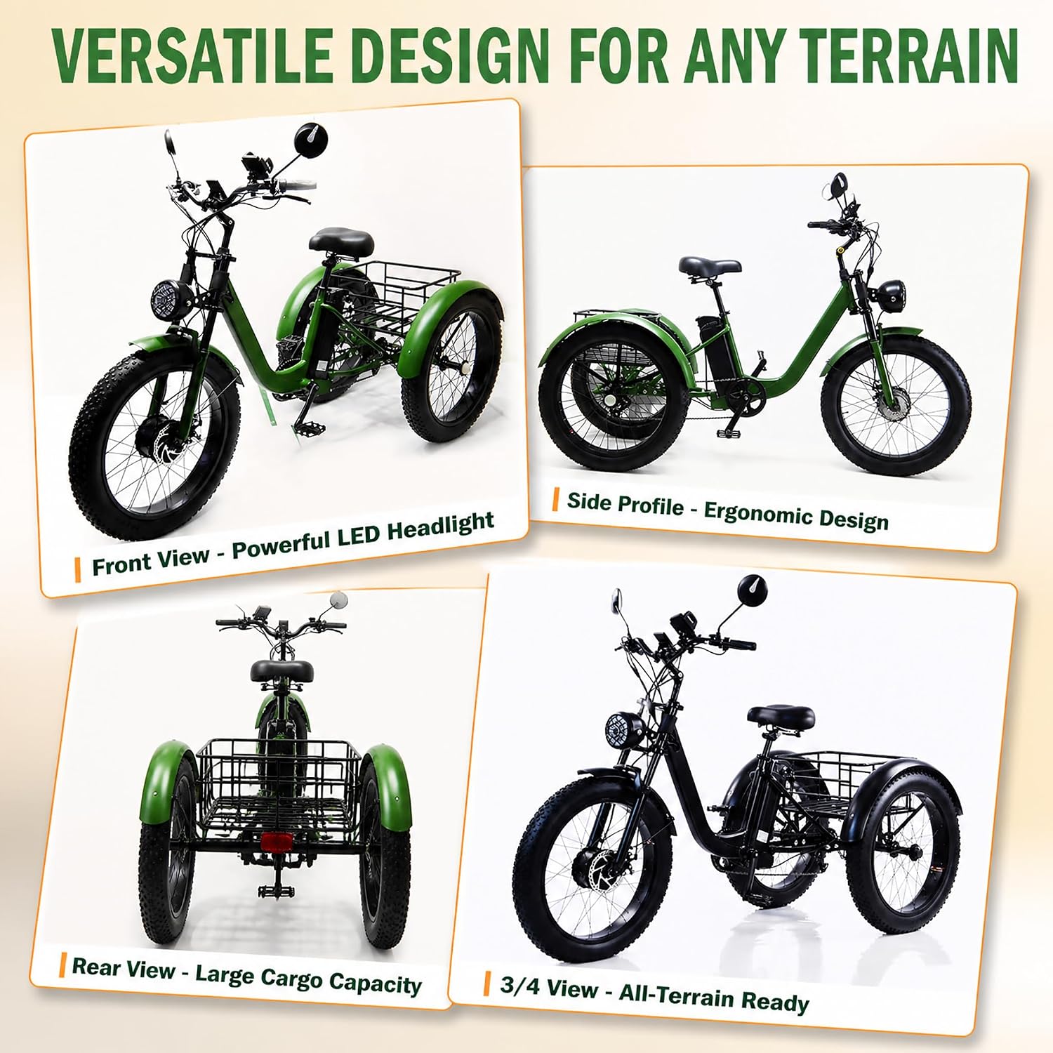 ZRLYbau Elektro Dreirad Für Erwachsene 24 Zoll 7 Gang Fat Tire E-Bike Grün
