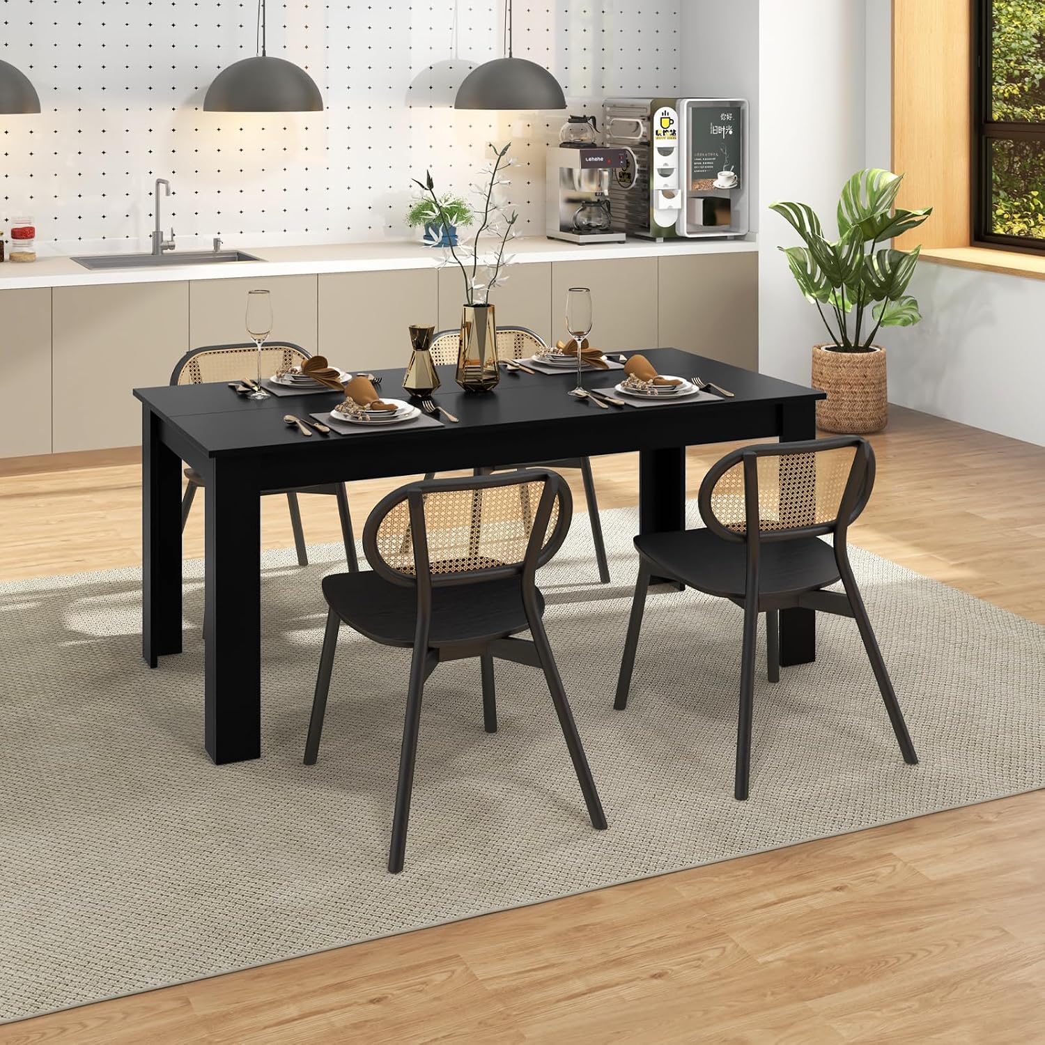 LDAILY Esstisch Aus Mokka-Holz 160x80x76,2cm Schwarz L-Förmige Beine