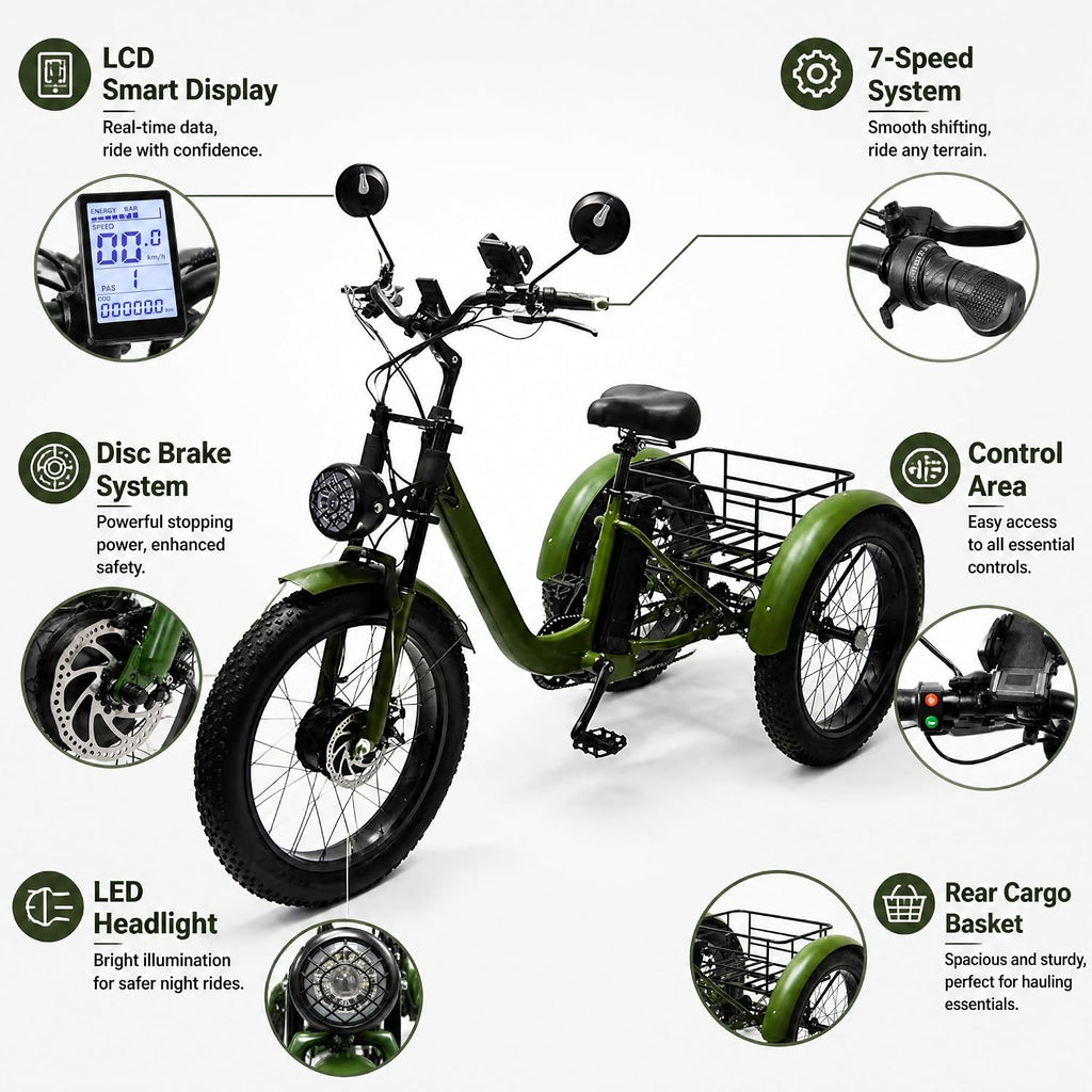 ZRLYbau Elektro Dreirad Für Erwachsene 24 Zoll 7 Gang Fat Tire E-Bike Grün