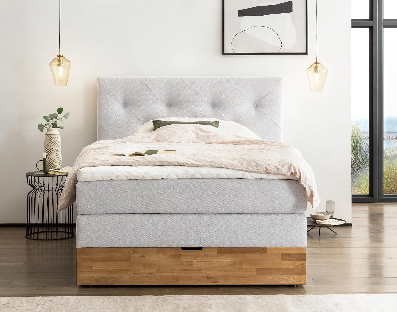 Belanoti Marbo Boxspringbett 140x200 Mit Bettkasten 7-Zonen Taschenfederkern Matratze Visco Topper Weißgrau H2/H3