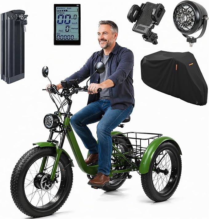 ZRLYbau Elektro Dreirad Für Erwachsene 24 Zoll 7 Gang Fat Tire E-Bike Grün