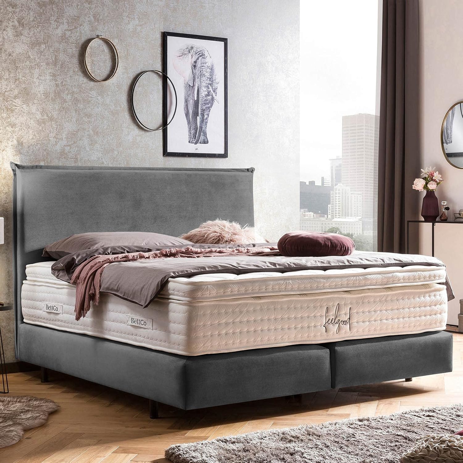 BettCo Boxspringbett London Samt Dunkelgrau 180x200 cm Ohne Topper 7-Zonen Taschenfederkern