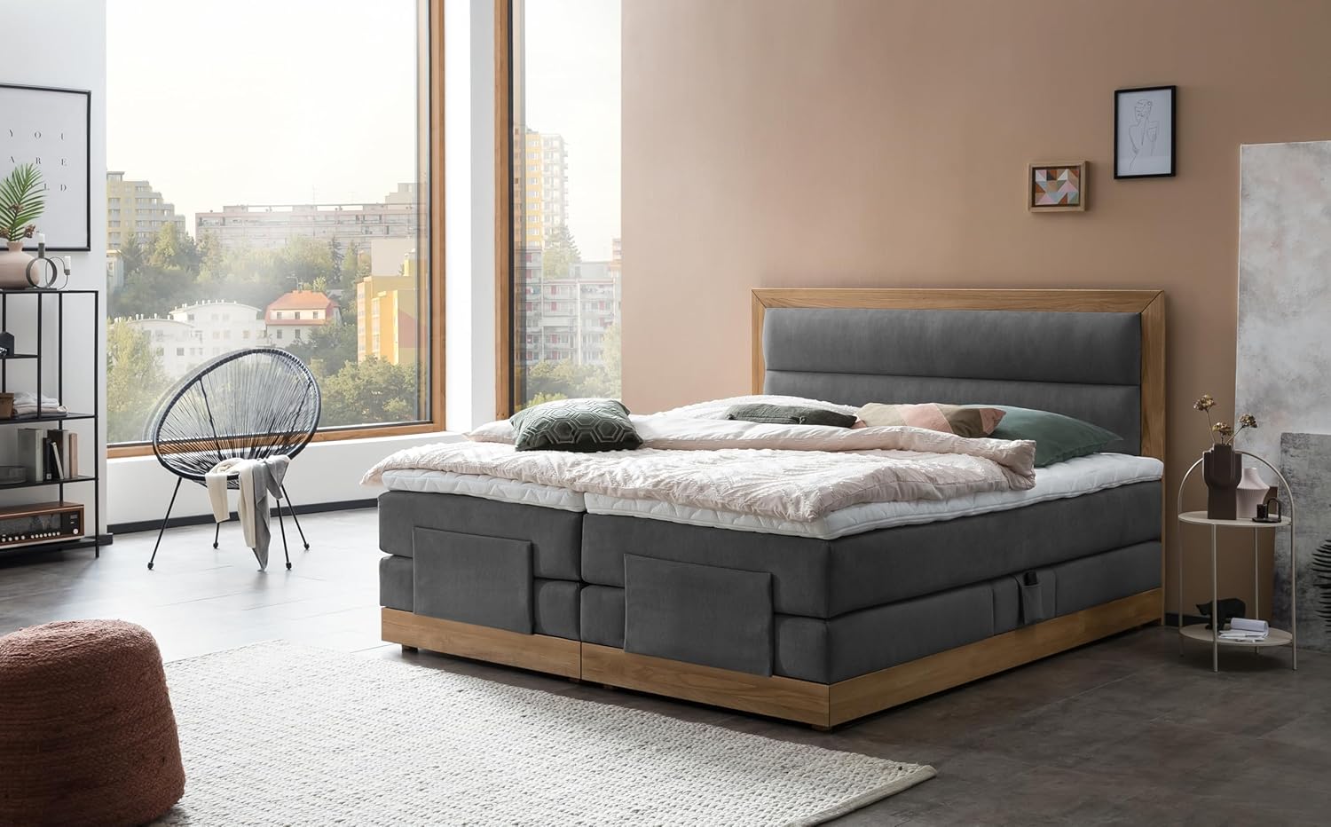 Belanoti MODELA Boxspringbett 160x200 Elektrisch Verstellbar 7-Zonen Taschenfederkern Matratze Inkl Visco Topper Motor Anthrazit H2/H3