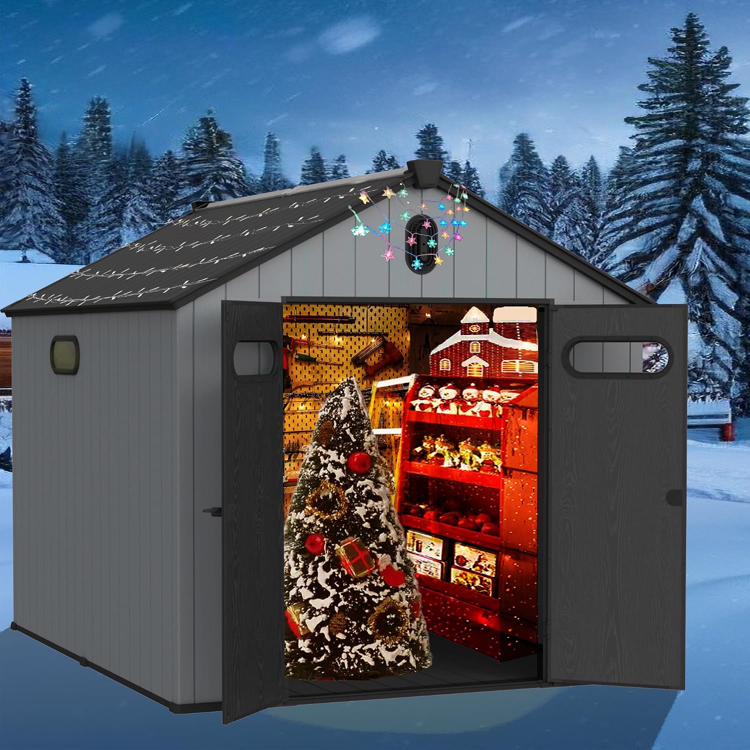 Hmluxury Harzplastik-Lagerhaus 8x10ft Geräteschuppen Spitzdach Grau-Weiß