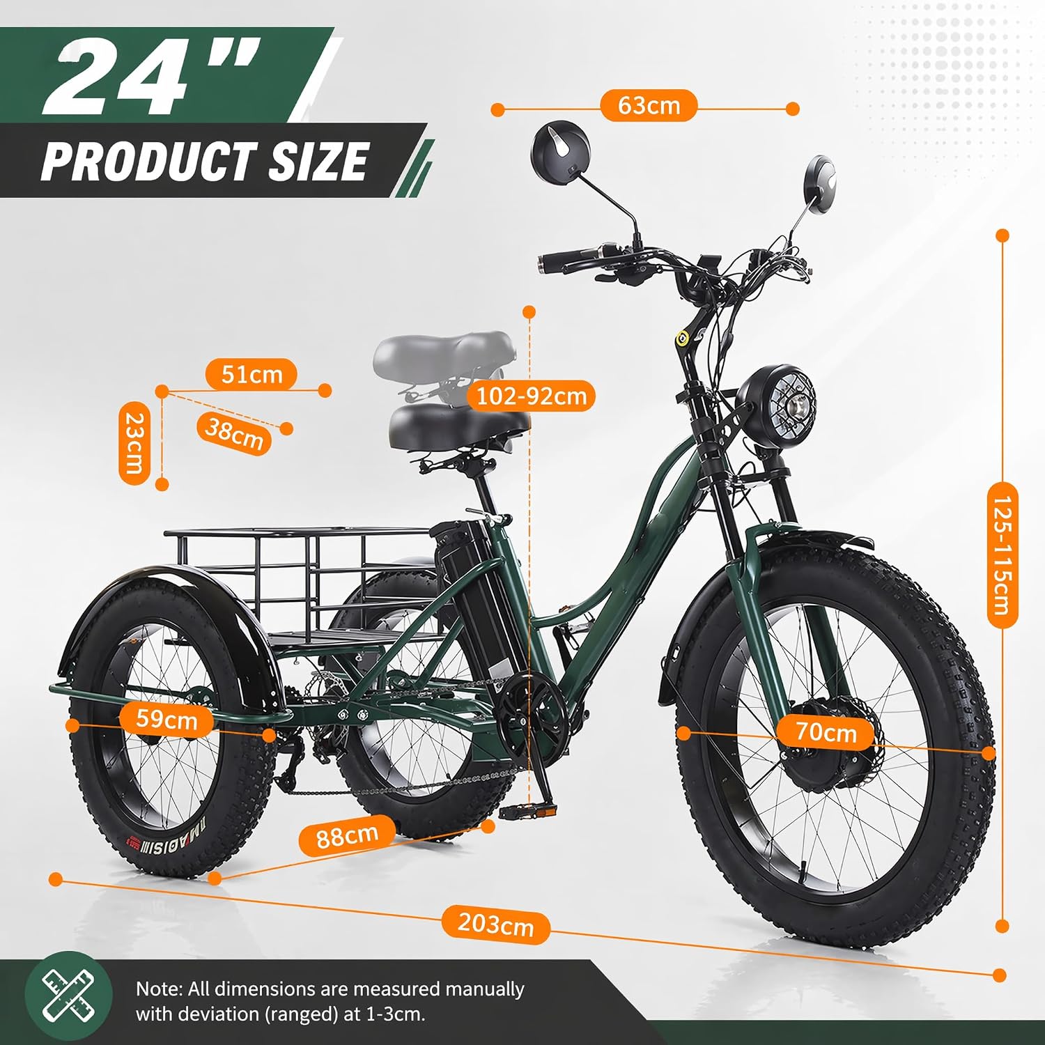 ZRLYbau Elektro Dreirad Für Erwachsene 24 Zoll 7 Gang Fat Tire E-Bike Grün